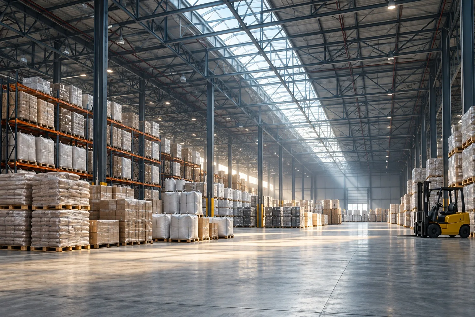Illustrative warehouse interior; AI-generated, not a photograph of a Techno Mix facility